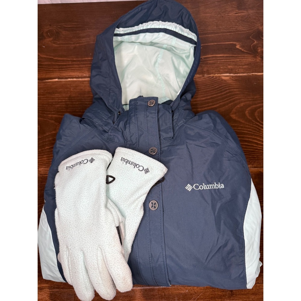Columbia Womens Interchange Winter Coat Navy Blue Mint Hooded Jacket & Gloves L